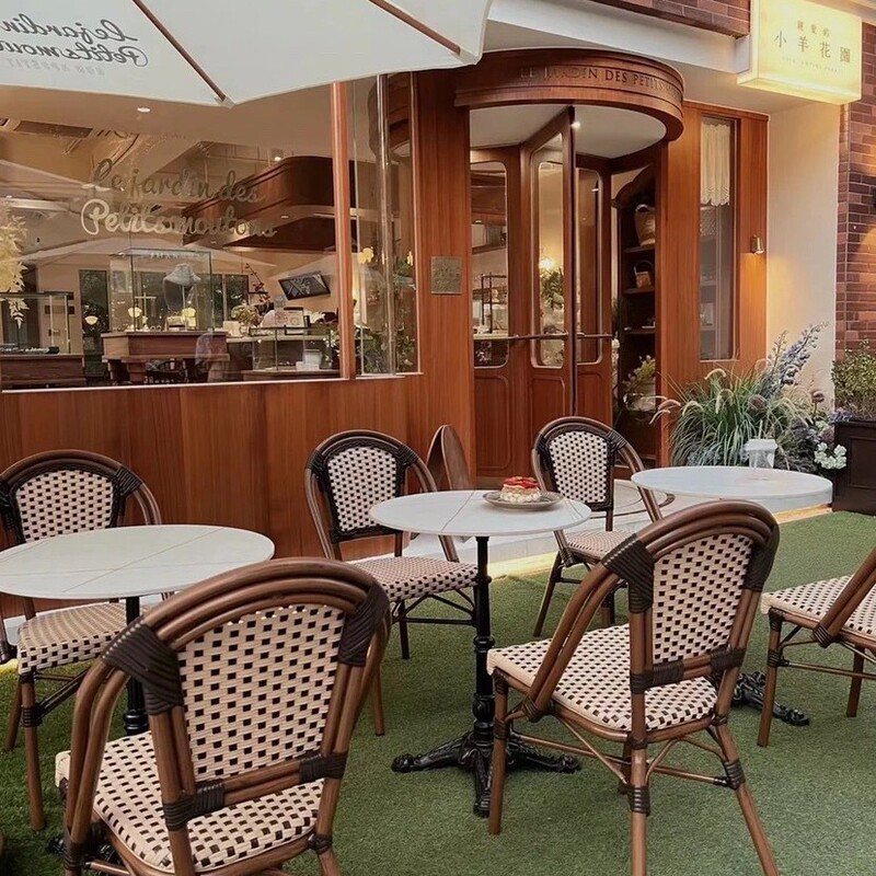 Outdoor Rattan Chair French Table and Chairs Aluminum Alloy Rattan Dessert Milk Tea Shop Outdoor Coffee Western Restaurant Marble Table