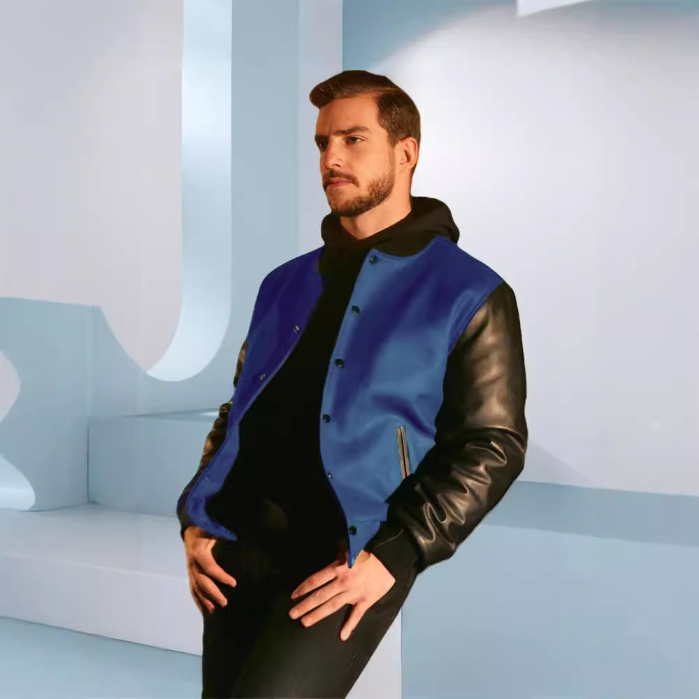 Spring and Autumn new men's PU leather sleeve patchwork flight single breasted woolen jacket_voghion.com