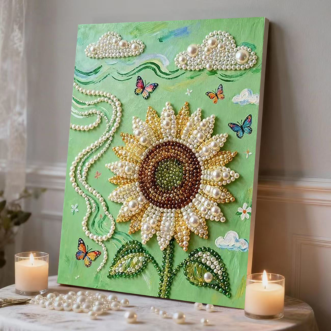 N33-butterfly sunflower / Comes with glue [30* 40cm nailed solid wood inner frame] + pearls + dotting pen + diamond plate + jelly glue