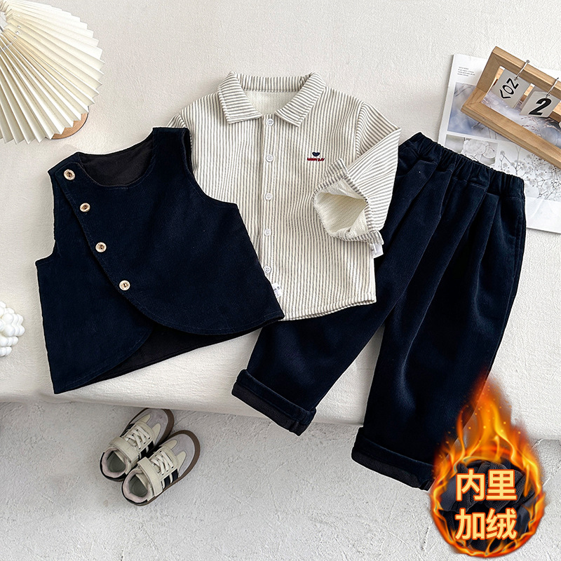 Boys' Autumn and Winter Velvet Suit Korean Style New Handsome Children's Clothing Baby Boy's Autumn Birthday One-Year-Old Dress Three-Piece Set