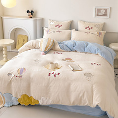 ins冬季加厚保暖牛奶絨四件套刺繡雙面加絨珊瑚絨被套小清新床品4