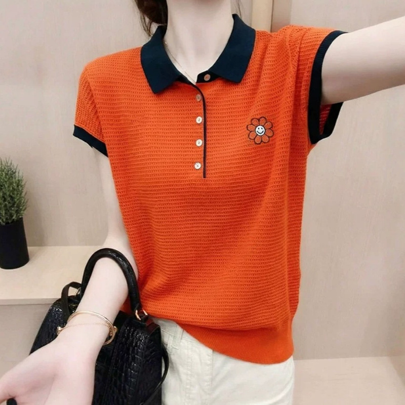 2026 Summer New Style Smiley Face Sunflower Embroidery Thin Short-Sleeved Collared Knitwear Lapel T-Shirt Top for Women