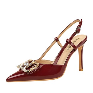 312-K213 European and American high heels for women, thin heels, patent leather, shallow mouth, rhinestone metal buckle,