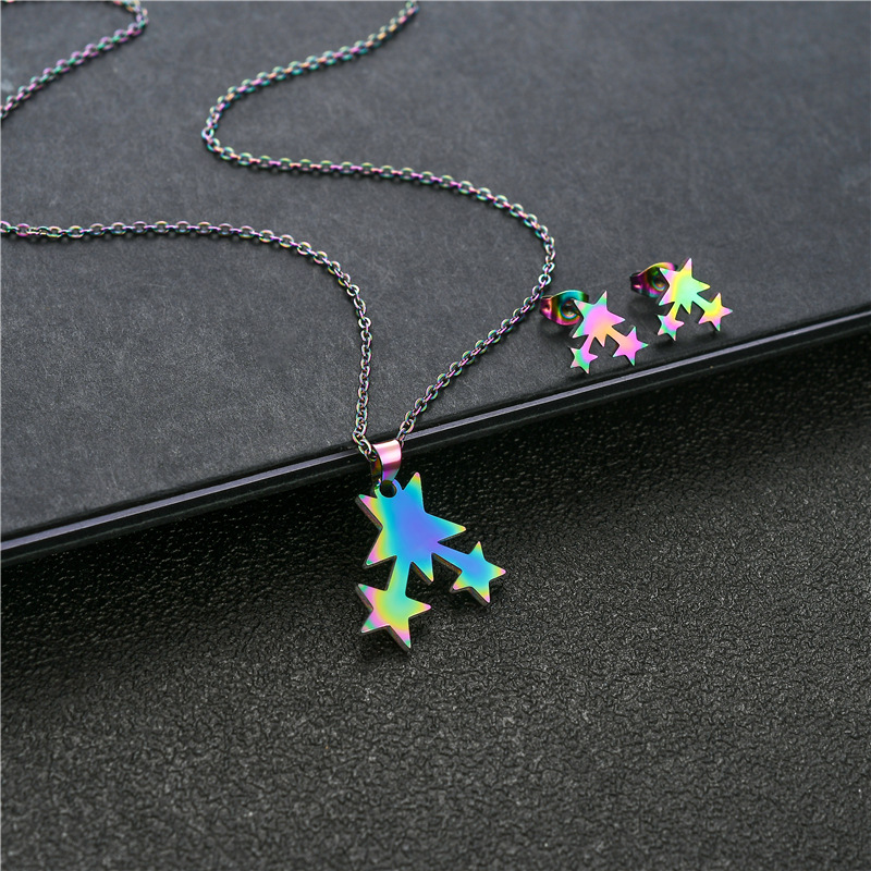 Stainless steel star necklace clavicle chain earrings set female colorful meteor pendant set chain e