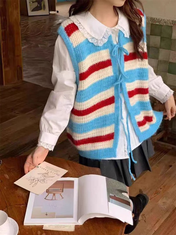 韩系彩虹条纹毛衣背心女2025早秋新款设计感撞色减龄针织坎肩上衣|undefined