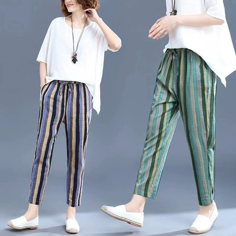 Полосатые укороченные брюки для женщин, свободные и универсальные, шаровары большого размера, новые летние тонкие повседневные брюки из хлопка и льна в стиле ретро.