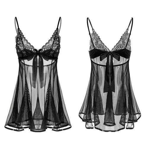 Lingerie Sheer Lace Strappy Nightgown Sweet and Cute Pure Desire Trendy Sleepwear for Women, Dropshipping One Piece