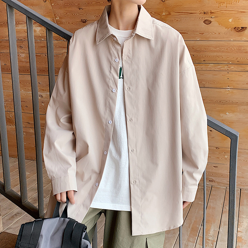 Simple Solid Color Long-sleeve Men, New Autumn Trendy Versatile Loose Casual Turn-down Collar Shirt Jacket For Teenagers_voghion.com
