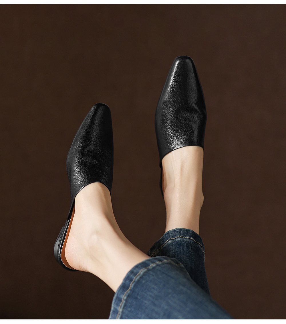 Giày mule nữ da cừu mũi vuông đế bệt — đen chi tiết 19