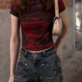 美式辣妹风设计感印花短袖T恤女夏季修身显瘦高级感短款女装