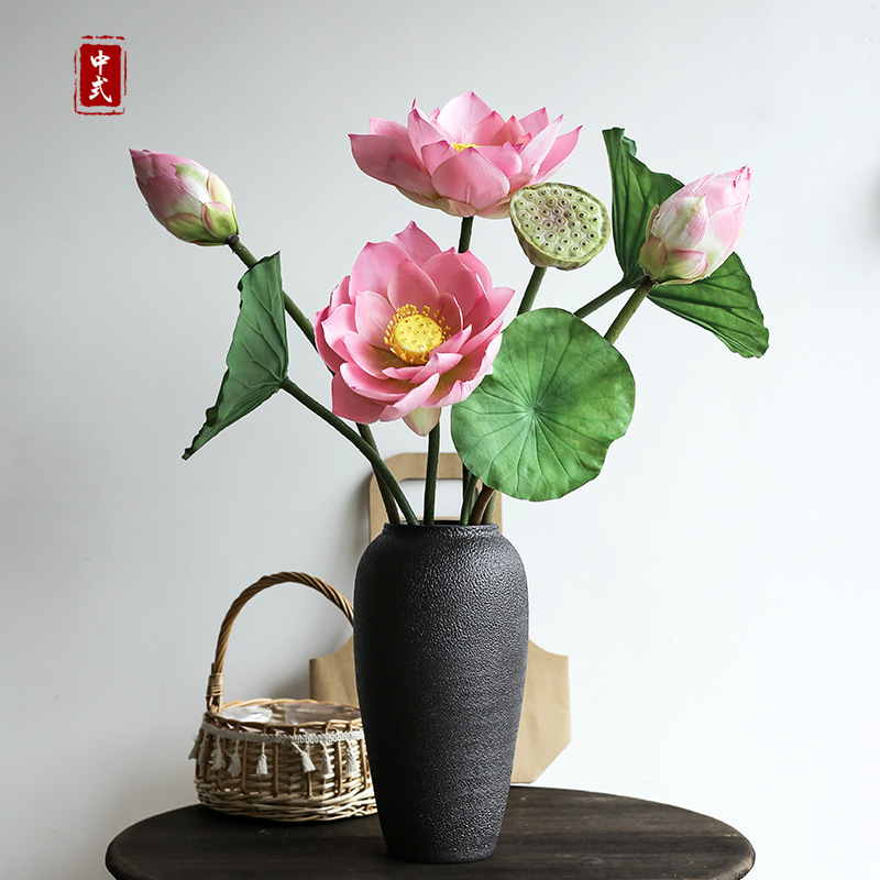 pu Lotus Artificial Flower with Pole Single Lotus Water Lily Semi-flowered Bud Soft Rubber Lotus Leaf Lotus Living Room Artificial Flower Outdoor