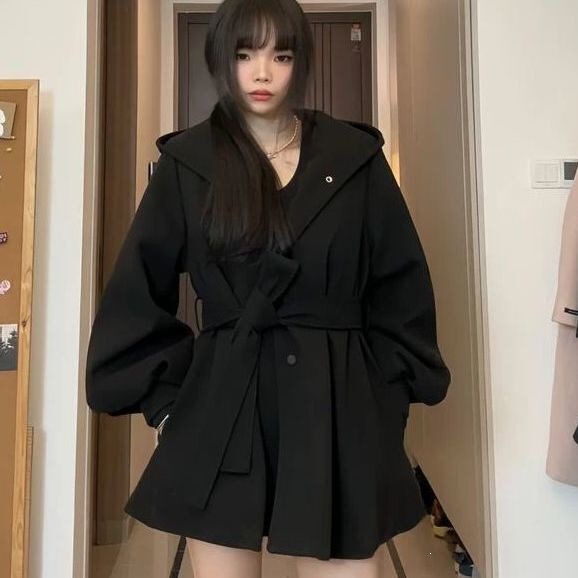 New Red Hooded Woolen Coat for Women, Autumn and Winter Design with a Unique Tie-Waist Style, Niche Elegant Woolen Overcoat for Women