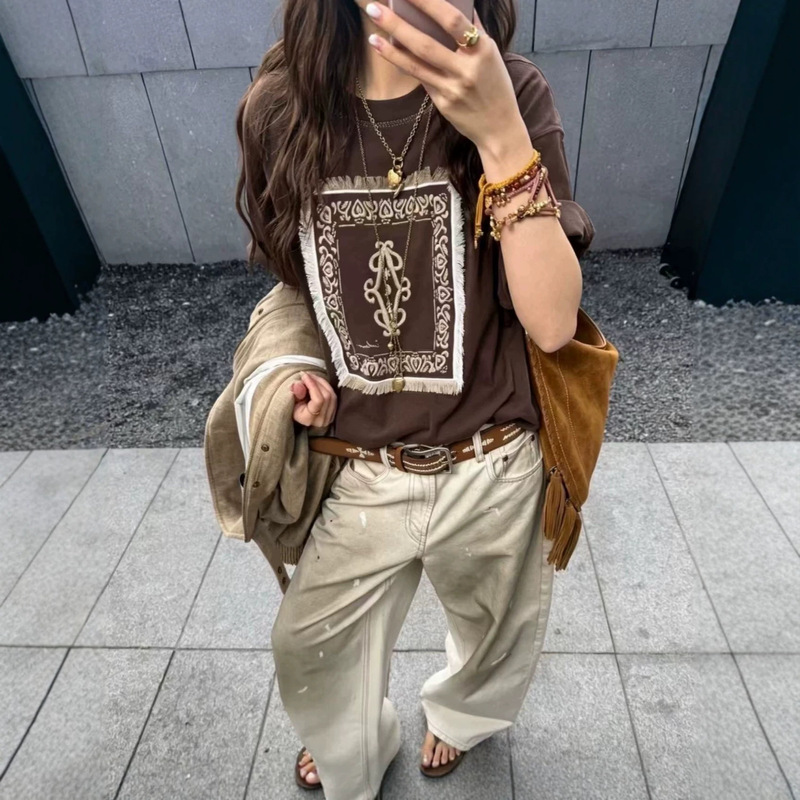 In-Stock Ice Designer Style 26Ss Summer New Square Embroidery Tassel Edge Vintage Casual Round Neck Short-Sleeve T-Shirt