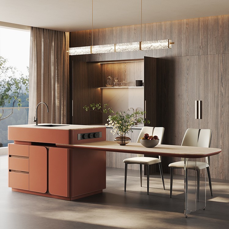 Mesa de comedor de plataforma de isla integrada, sala de estar de gran tamaño retráctil de alta gama, placa de roca, silla de montar, multifuncional con fregadero, caída media