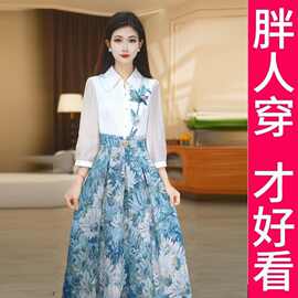 200斤高档大码衬衫领印花拼接连衣裙女2026春新款时尚中长款裙子