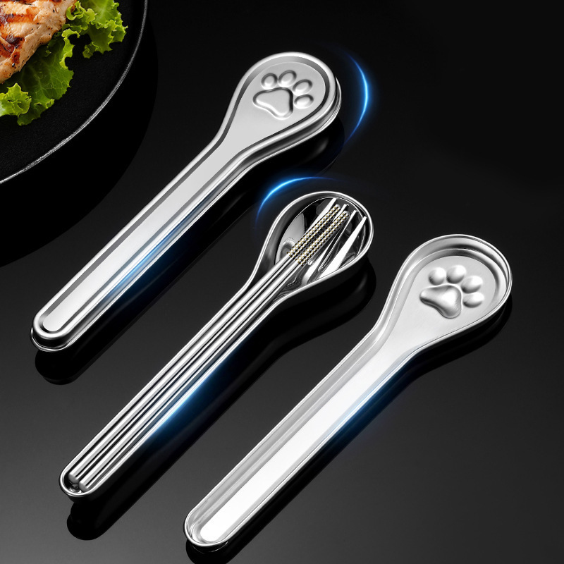 304 Stainless Steel Portable Tableware Set Creative Cat Claw Portable Box Spoon Fork Chopsticks Student Lunch Tableware Camping