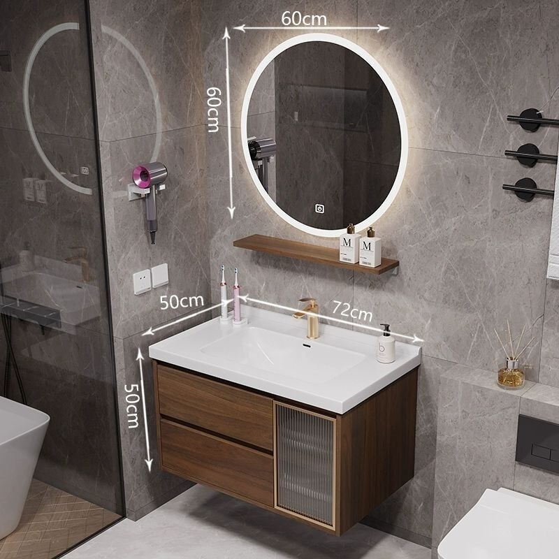 New Chinese-Style Walnut-Colored Ceramic Integrated Basin Bathroom Cabinet Set Washbasin Cabinet Vanity Unit