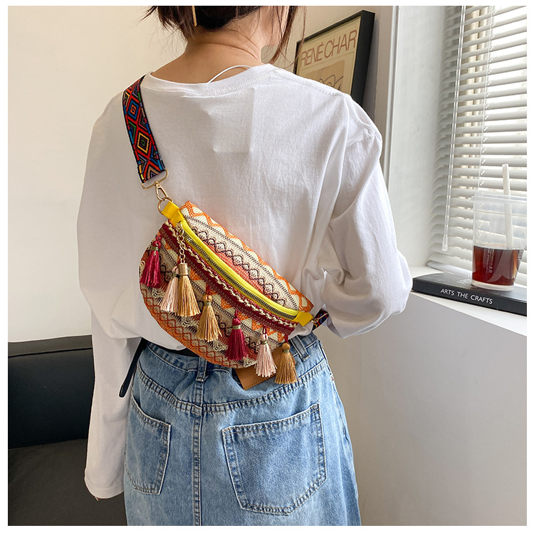 112g Weight Tassel, Weave, Sewing Thread Fashion Element Zipper Closure Type Single Shoulder Strap Strap Type Fanny Pack Bags Type Holiday, Daily Occasion cotton and linen Material Women's Backpack Backpack Waves Pattern All Seasons Season Women's Gender Ethnic Style Style Square Shape Women's Ethnic Style Waves Cotton And Linen Waist Bags 20