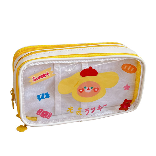 Three-layer transparent pencil bag with large capacity and cute cartoon pencil bag for junior high school students, elementary school birthday style stationery bag and pencil box