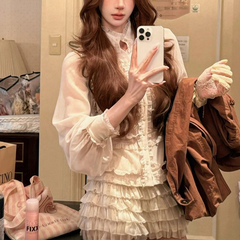 French-Style Sweet Canelé Multi-Layered Handmade Pleated Lace Sweet Slightly Sheer Age-Reducing Shirt Inner Top for Women New Style
