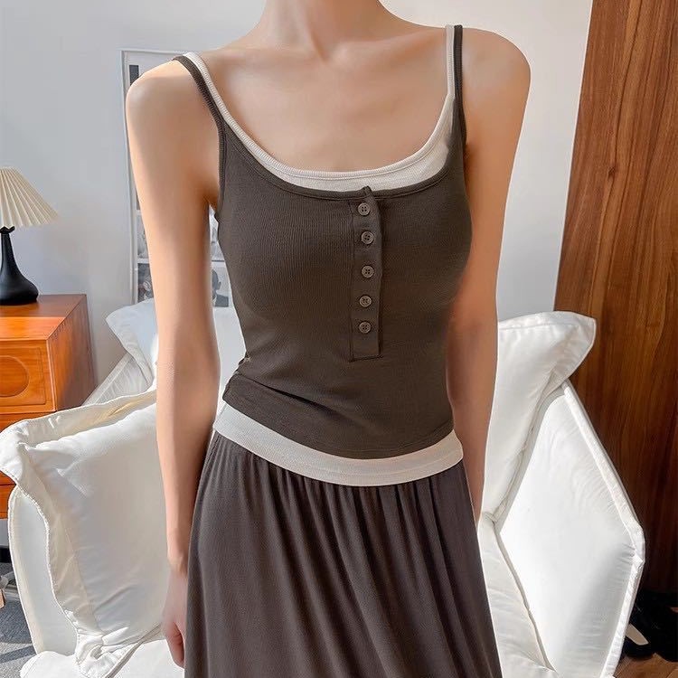 Zero-Carbon Modal Color-Block Button Camisole for Women, Slim-Fit, Faux Two-Piece Base Layer