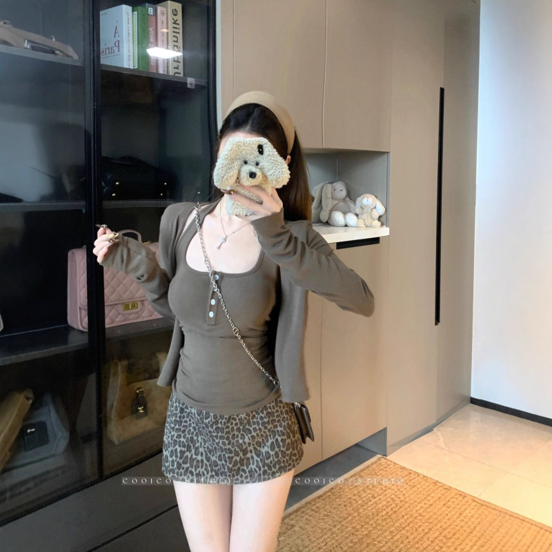 早秋穿搭一整套装粉色短款长袖开衫上衣女挂脖吊带背心辣妹两件套|undefined