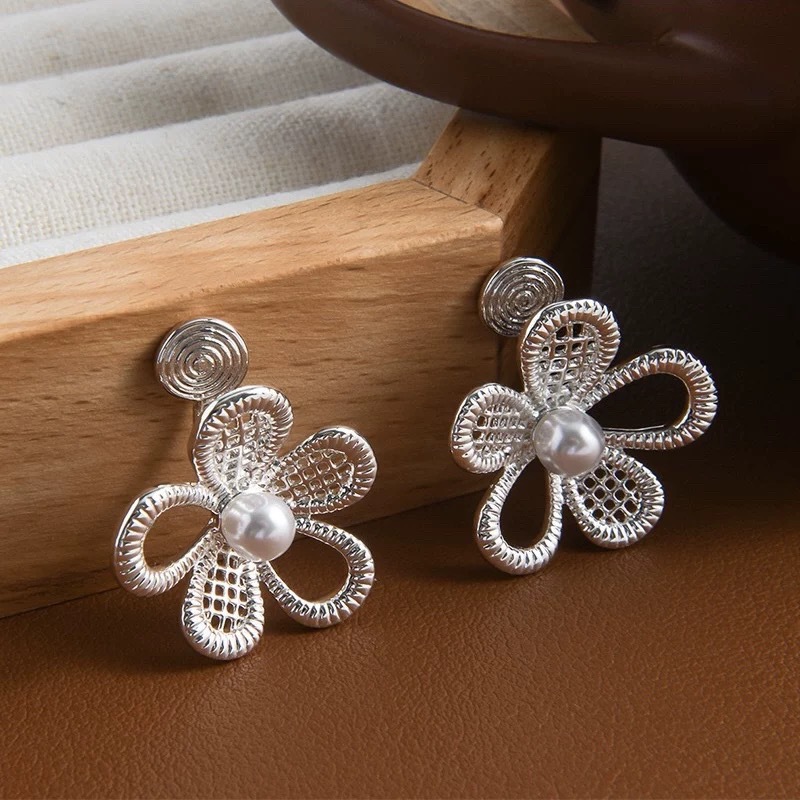43# silver mesh pearl flower mosquito coil ear cuff