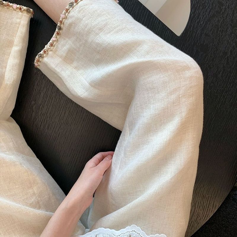 新中式钉珠拼接珠光阔腿裤女2025夏季新款休闲显瘦直筒九分裤子韩|undefined