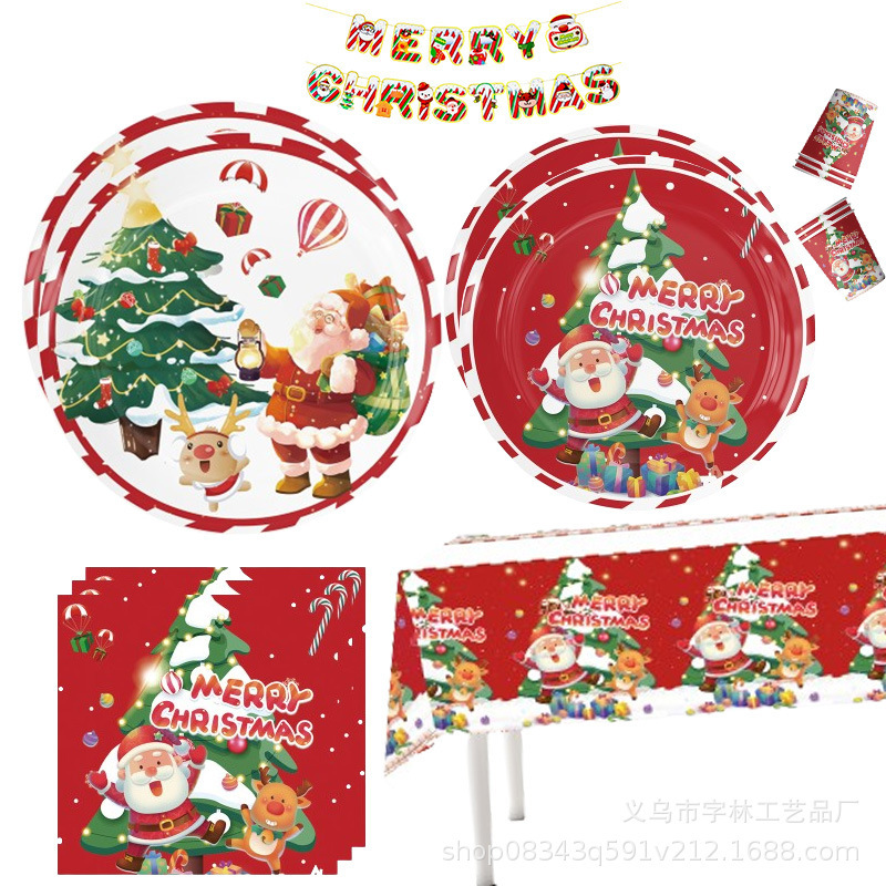 Red Santa Claus Themed Tableware Set Disposable Paper Plates Paper Towels Tablecloth Christmas Tree Decorations