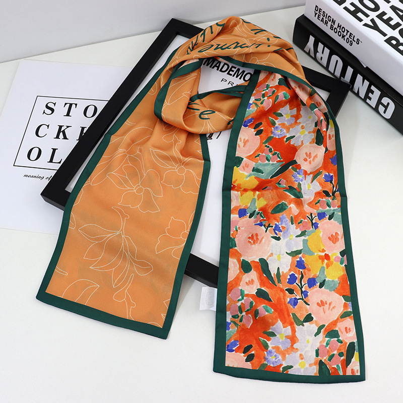 Spring and Autumn Silk Scarf for Women, Versatile, Wide, Square-Shaped, Floral, French Style, Long, Fashionable, Bow-Tie Hair Tie, Wide Ribbon, Striped