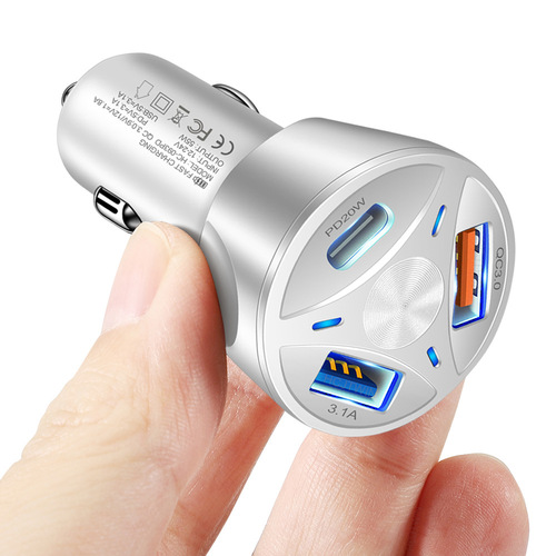 Standard 55W one-to-three QC3.0 USB+Type-c fast charging car charger flash charging multi-port car fast charging head cigarette lighter