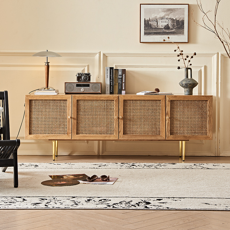 Wabi-Sabi Style Rattan Living Room Four-Door Solid Wood Tv Cabinet Antique Style Simple Living Room Floor-Standing Storage Tv Cabinet