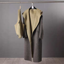 高品质双面呢长款连帽气质外套长袖单排扣羊绒女大衣2025秋配挎包