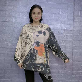 秋冬圆领时尚女chic港味大码外穿毛衣女水貂毛打底印花宽松针织衫