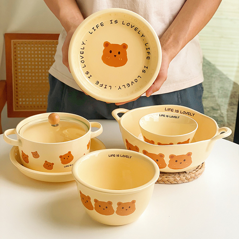 Cream Style Cartoon Bear Tableware Rice Binaural Instant Noodle Bowl Large Soup Bowl Dormitory Household Bowl Cute ins Plate
