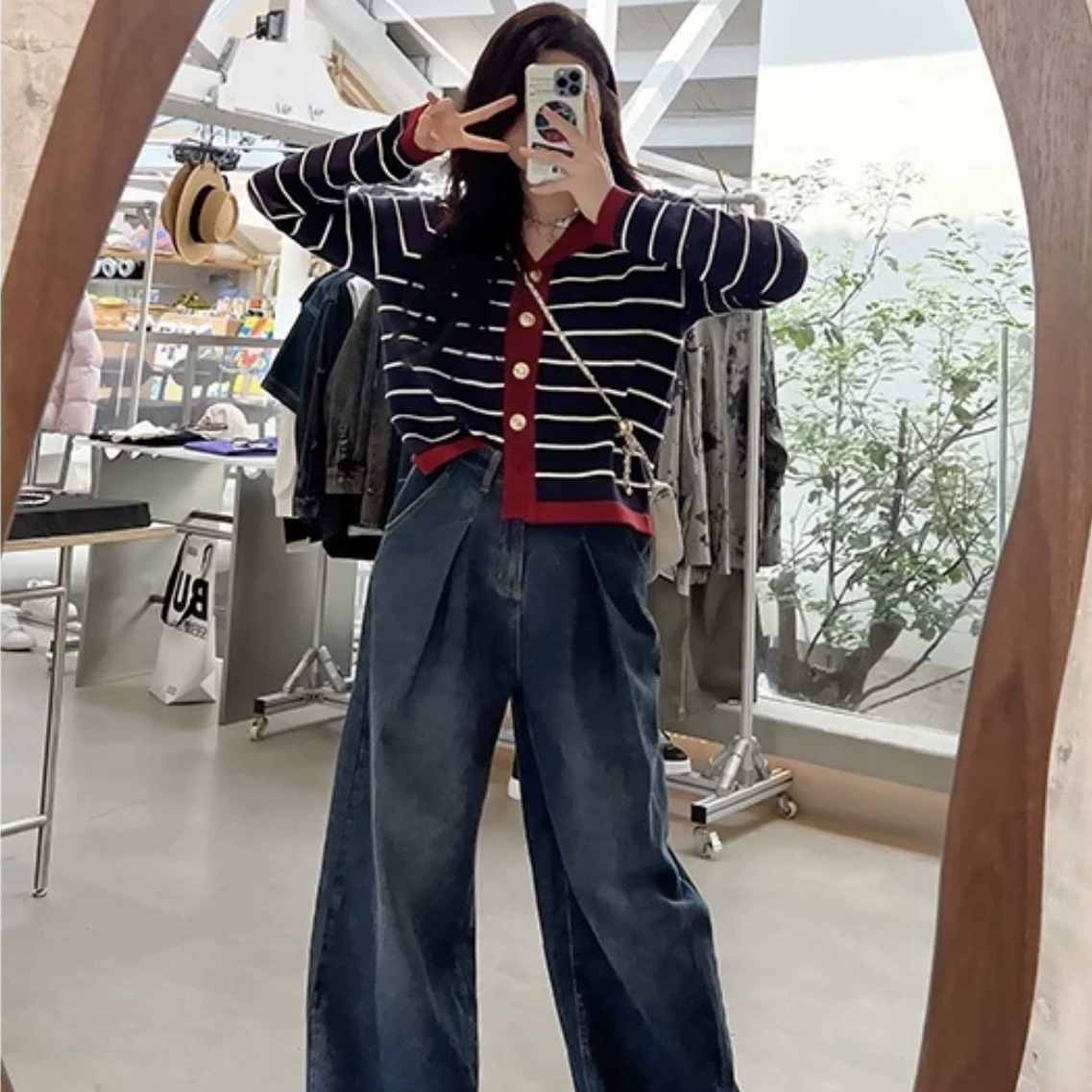 Женский вязаный свитер Li Shasha, свободного кроя, больших размеров, осень 2025, стильный дизайн, с длинными рукавами, в морском стиле, с цветовыми блоками, универсальный.