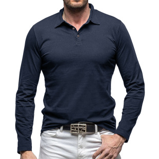 Outdoor autumn and winter New lapel European and American men's T-shirt solid color cross-border foreign trade Men's cotton long-sleeved polo shirt