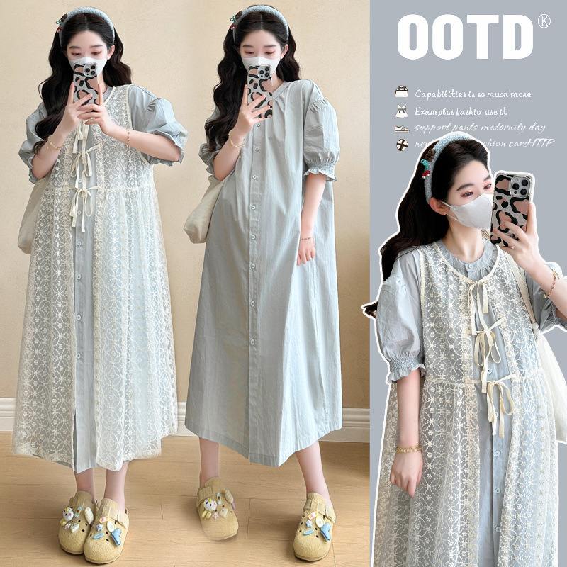 French Style Mori Style Gentle Blue Pregnant Women's dress Stacked Lace Blouse Summer Dress with Maternity Two-piece Set