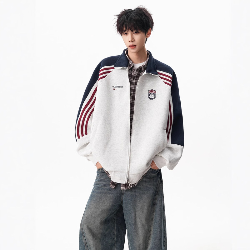 Men's and Women's Retro American Striped Color-Block Stand Collar Cardigan Jacket Trendy College Style Loose Casual Versatile Sports Sweatshirt