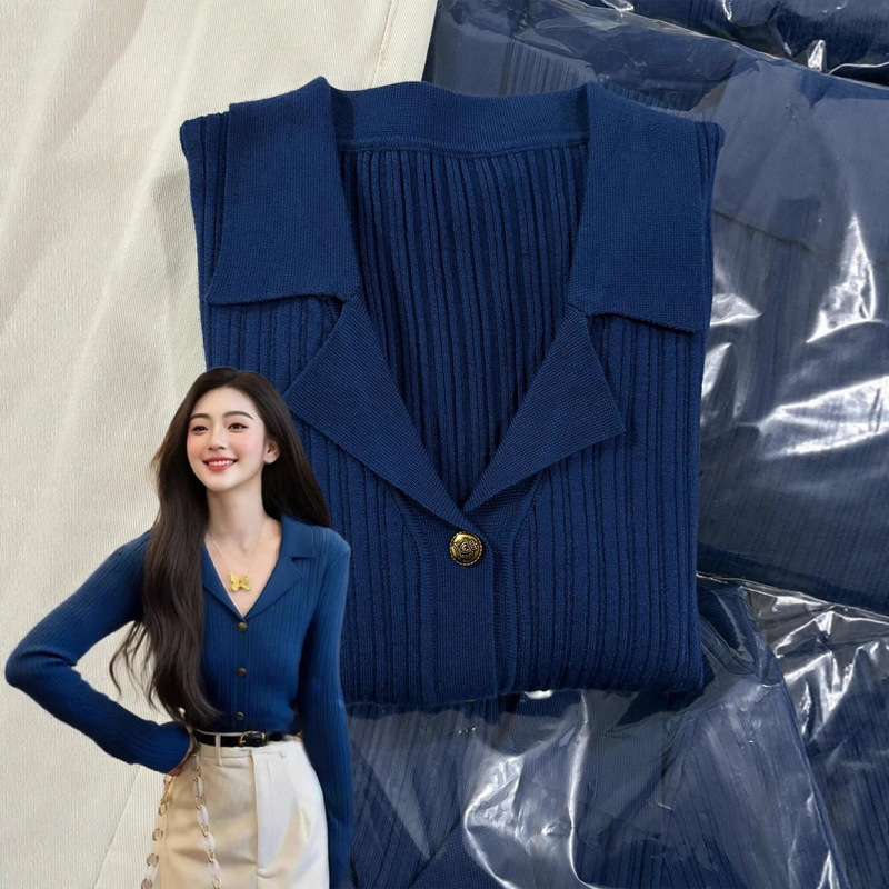 Retro Blue Lapel Knitted Cardigan for Women Korean Style Early Autumn Wear Slim Inner Layering Shirt V Neck Long-Sleeved Top