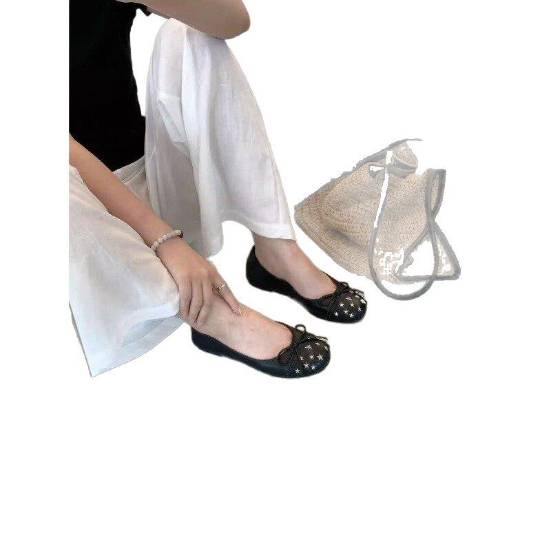 Giày búp bê nữ mũi tròn cổ thấp đính nơ, đinh tán và ngôi sao, đế bằng gót thấp — Màu xanh dương, màu đen