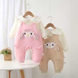 婴儿衣服秋冬超萌小兔夹棉连体衣宝宝加绒背带裤保暖套装外出哈衣