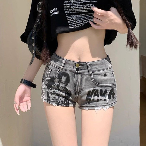 American Retro High-Waisted Denim Super Short Shorts for Women 2025 Spring and Autumn New Print Slim Fit Casual Pants