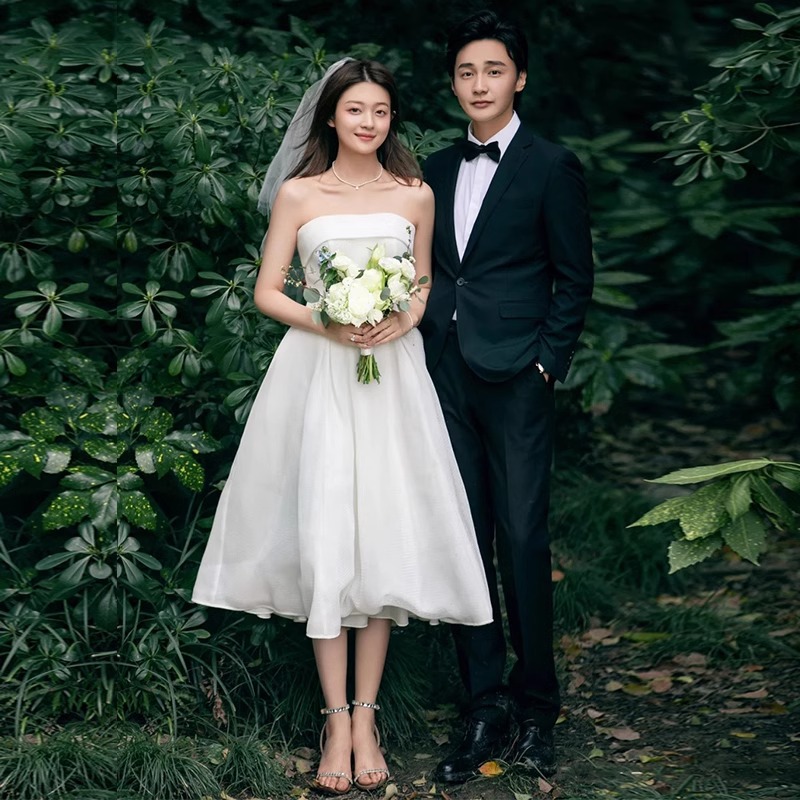 Strapless Light Wedding Dress for Petite Women, French-Style Travel Photography, Forest-Style Simple Dress for Marriage Registration, Evening Dress, White Dress, A-Line Tulle Skirt