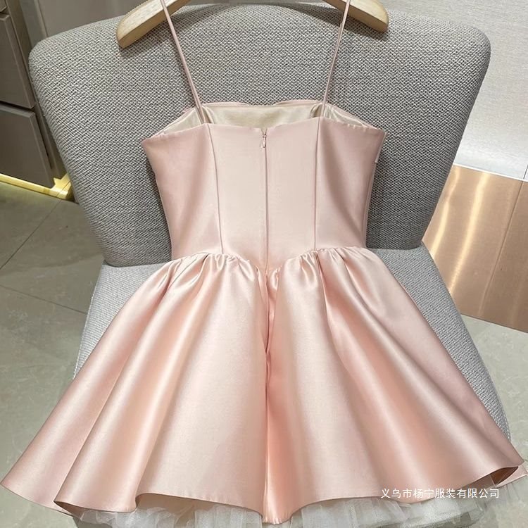 Pink Princess Dress 2025 Spring New Style Bow Suspender Sleeveless Waist Slimming Look Puffy Skirt Dress