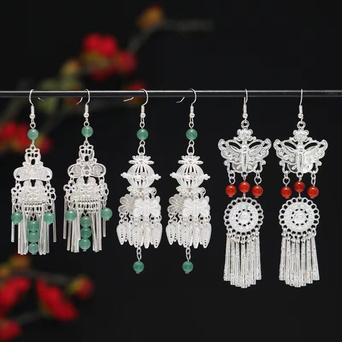 New Chinese style national style Miao silver earrings original niche retro aventurine earrings long tassel ethnic style earrings for women