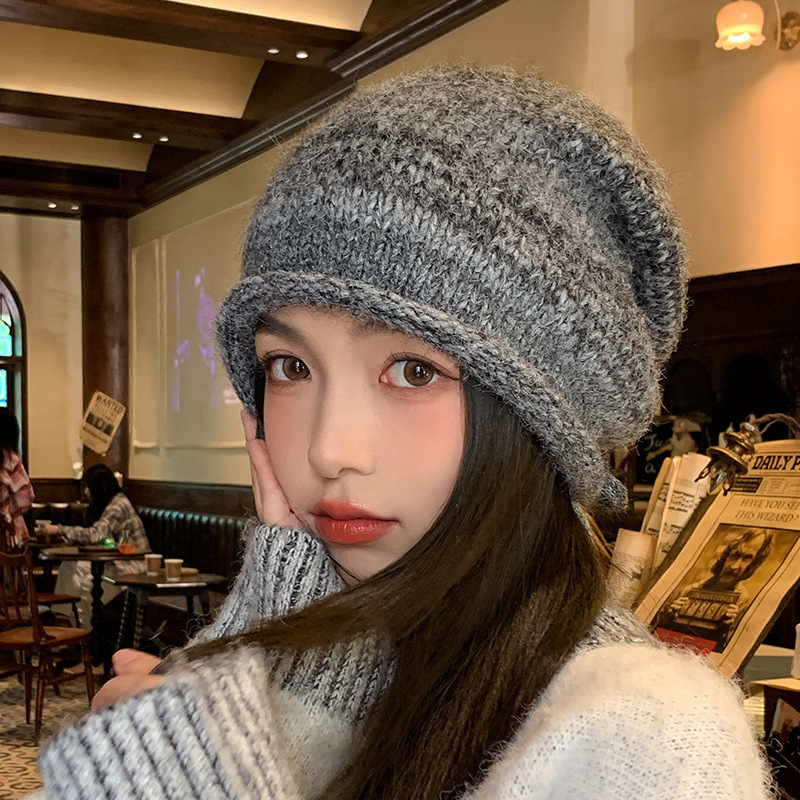 秋冬渐变针织帽子女多巴胺显脸小护耳大头围保暖抽绳堆堆毛线帽子|undefined