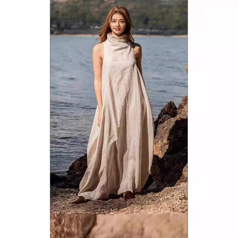 2025 Women's Pleated Linen Long Dress with Stand Collar and Back