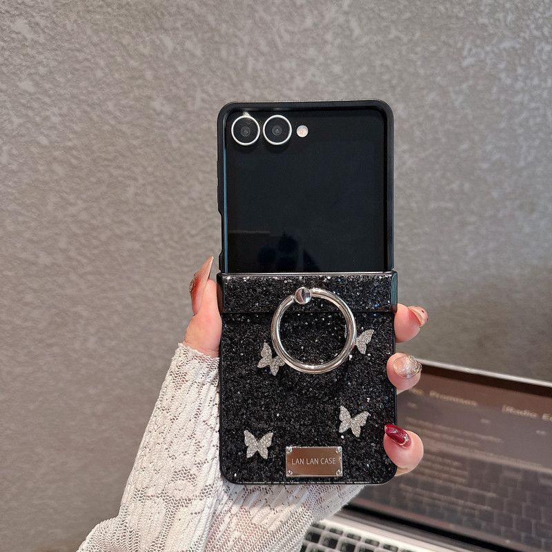 Suitable for Samsung Zflip7 Black Glitter Ring Diamond Butterfly Phone Case Zflip5/6 Generation Folding Protective Case