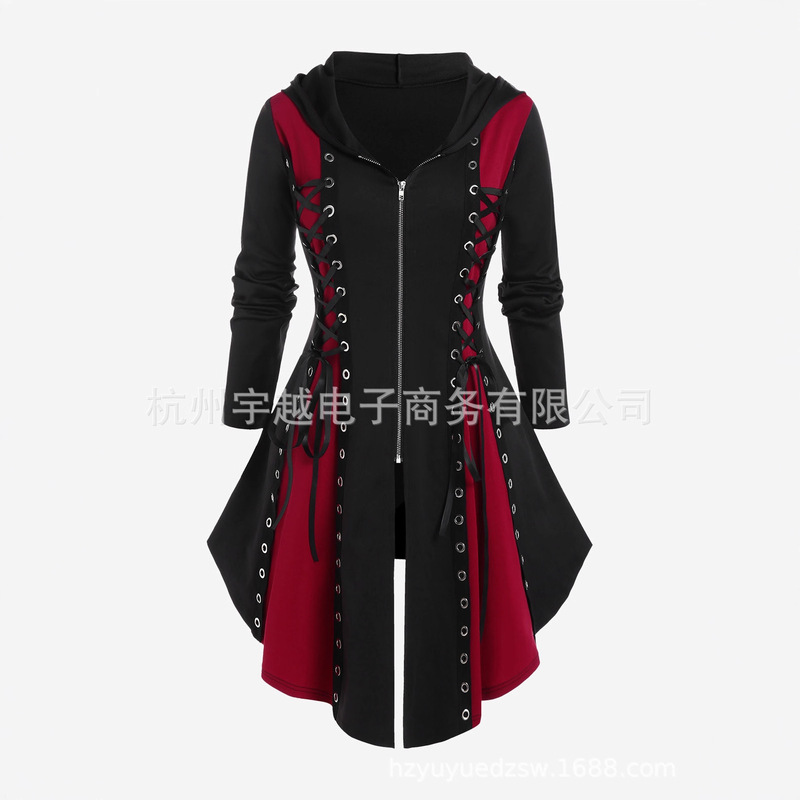 2025 European and American Amazon Cross-Border Gothic Style New Hooded Color Matching Mid-Length Dress Holiday Dress Dress